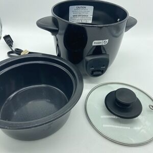 Dash Mini Rice Cooker 2 Cups‎ Black Removable Pot & Glass Lid TESTED & WORKS